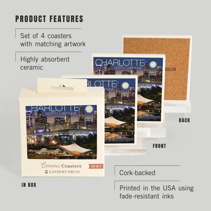 Charlotte, North Carolina, Skyline at Night, Coasters Coasters Lantern Press