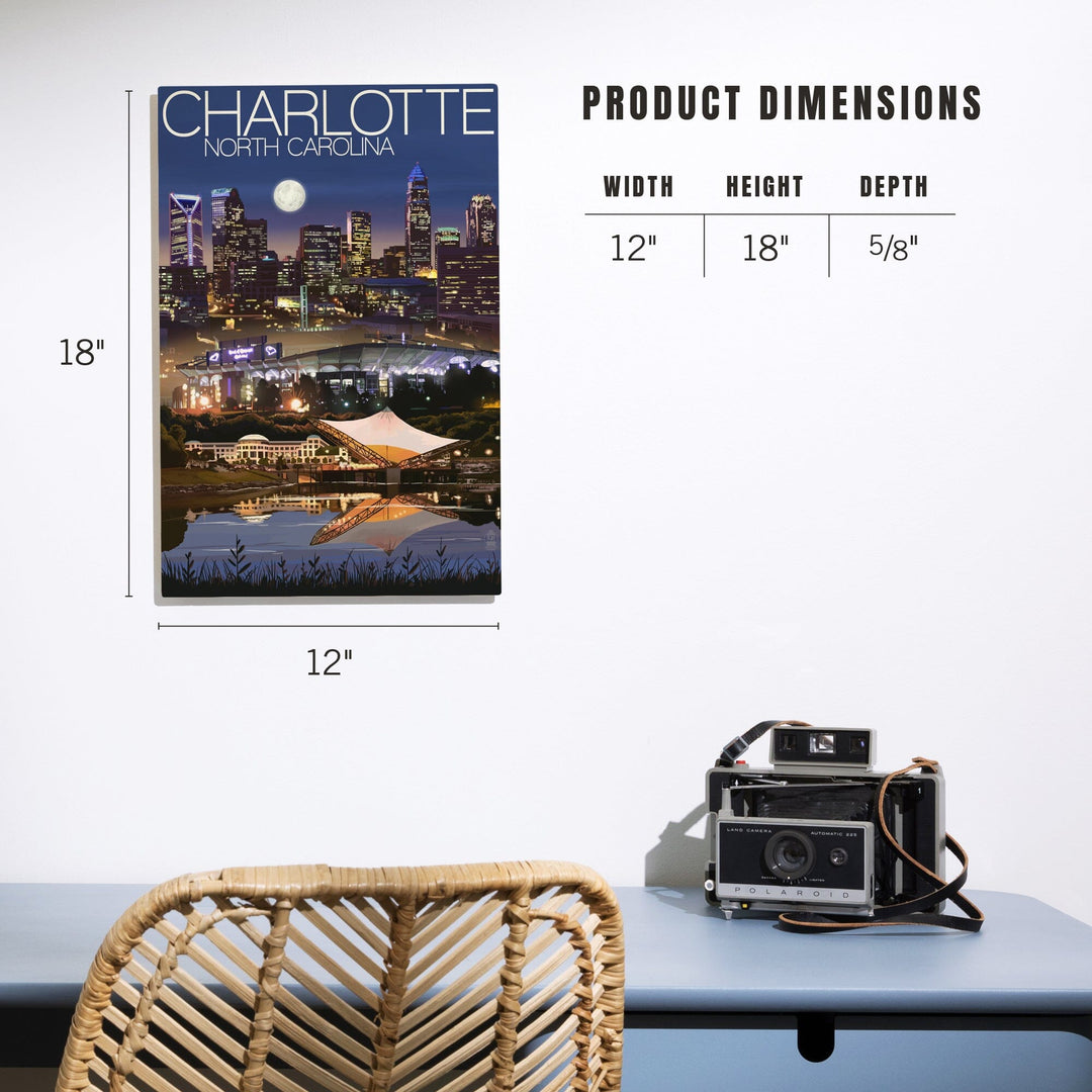 Charlotte, North Carolina, Skyline at Night, Lantern Press Artwork, Wood Signs and Postcards - Lantern Press