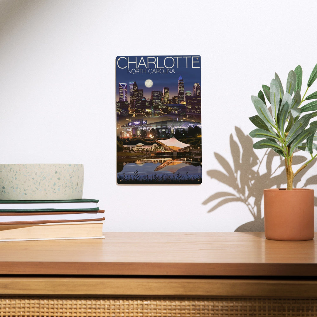 Charlotte, North Carolina, Skyline at Night, Lantern Press Artwork, Wood Signs and Postcards - Lantern Press