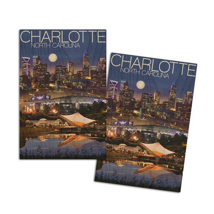 Charlotte, North Carolina, Skyline at Night, Lantern Press Artwork, Wood Signs and Postcards - Lantern Press