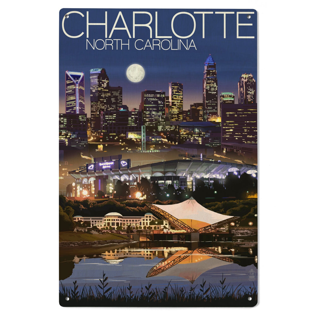 Charlotte, North Carolina, Skyline at Night, Lantern Press Artwork, Wood Signs and Postcards - Lantern Press