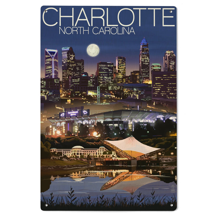 Charlotte, North Carolina, Skyline at Night, Lantern Press Artwork, Wood Signs and Postcards - Lantern Press
