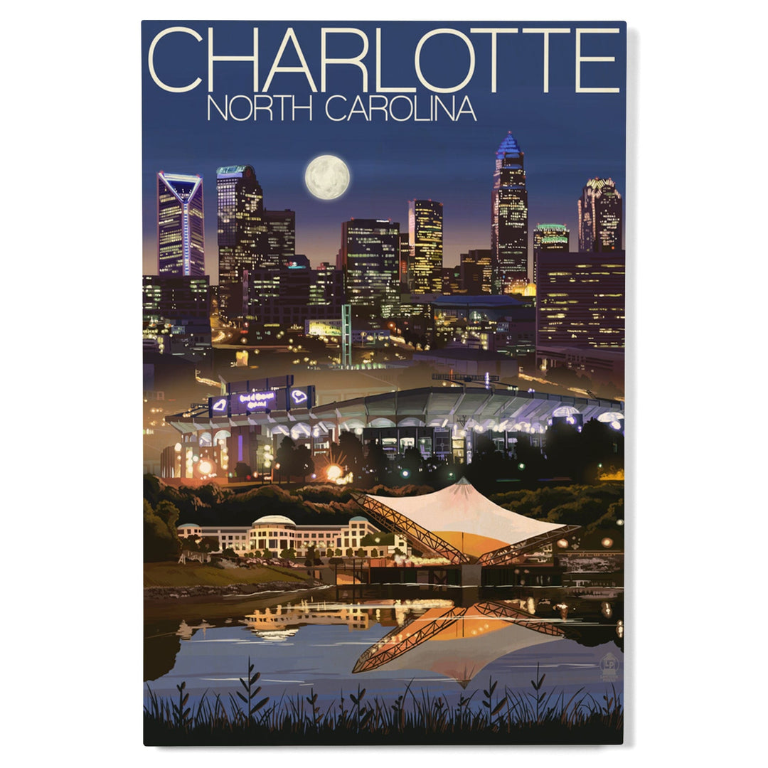 Charlotte, North Carolina, Skyline at Night, Lantern Press Artwork, Wood Signs and Postcards - Lantern Press