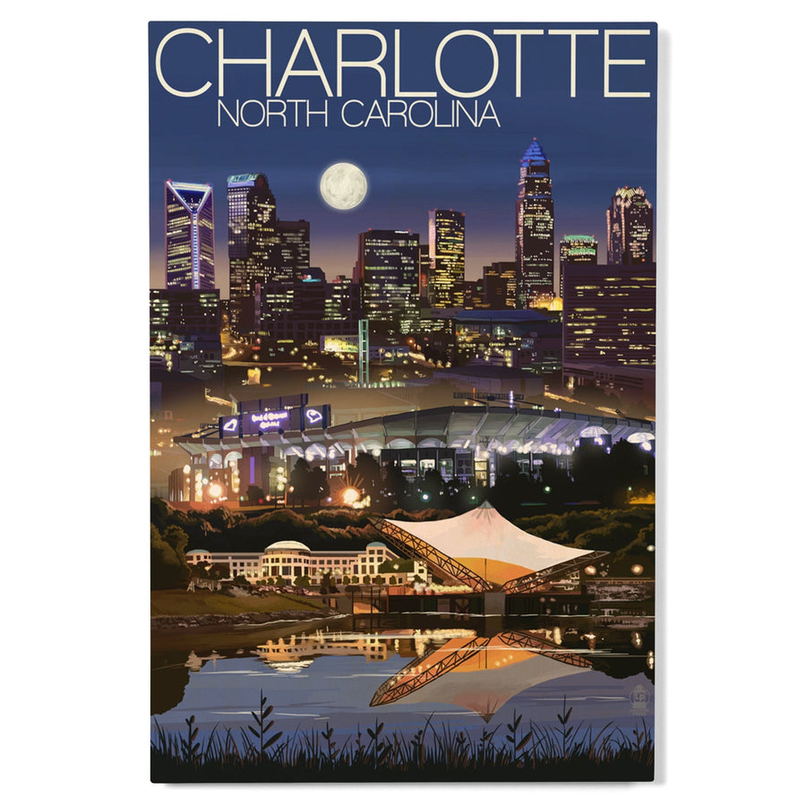 Charlotte, North Carolina, Skyline at Night, Lantern Press Artwork, Wood Signs and Postcards - Lantern Press