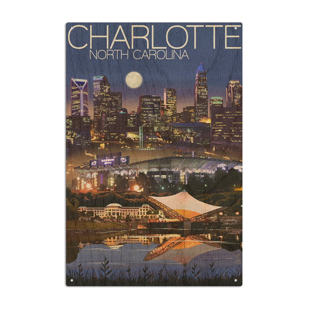 Charlotte, North Carolina, Skyline at Night, Lantern Press Artwork, Wood Signs and Postcards - Lantern Press