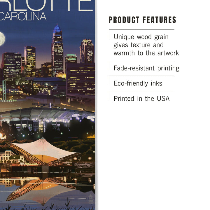 Charlotte, North Carolina, Skyline at Night, Lantern Press Artwork, Wood Signs and Postcards - Lantern Press