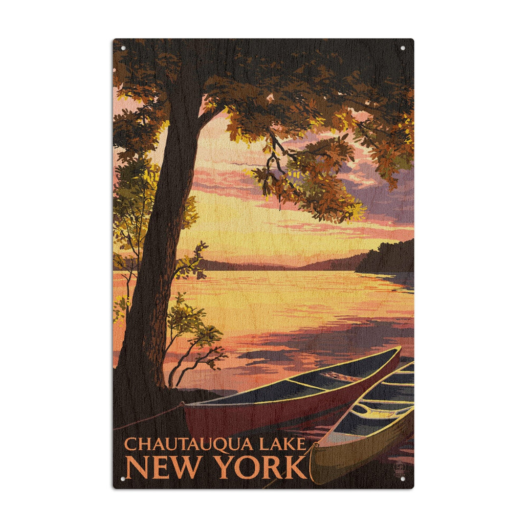 Chautauqua Lake, New York, Canoe and Lake at Sunset, Lantern Press Artwork, Wood Signs and Postcards - Lantern Press