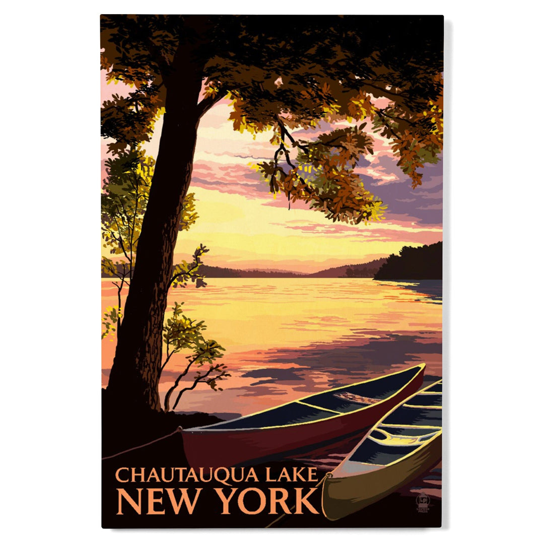 Chautauqua Lake, New York, Canoe and Lake at Sunset, Lantern Press Artwork, Wood Signs and Postcards - Lantern Press