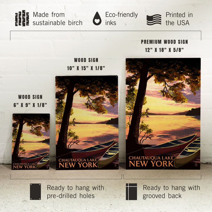 Chautauqua Lake, New York, Canoe and Lake at Sunset, Lantern Press Artwork, Wood Signs and Postcards - Lantern Press