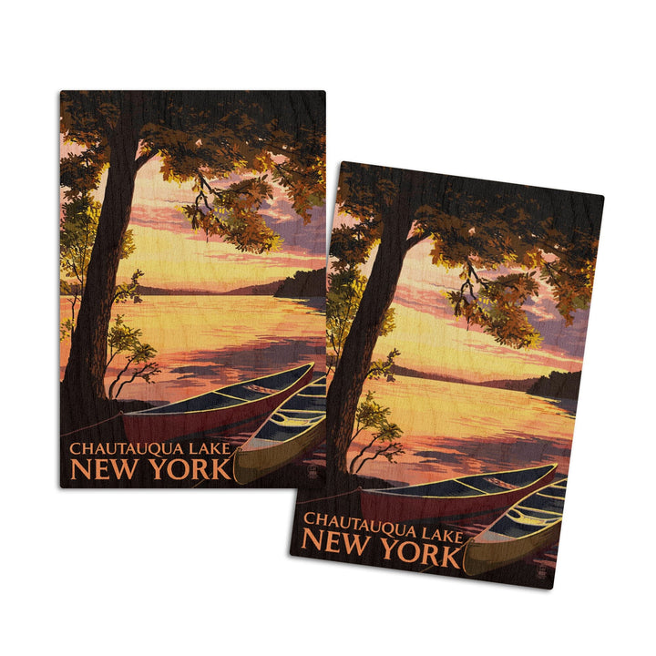 Chautauqua Lake, New York, Canoe and Lake at Sunset, Lantern Press Artwork, Wood Signs and Postcards - Lantern Press