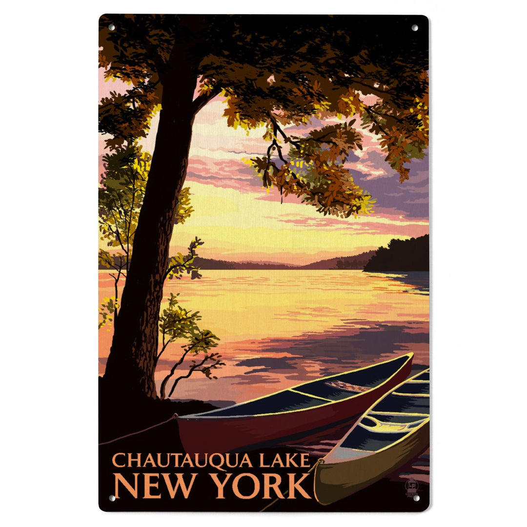 Chautauqua Lake, New York, Canoe and Lake at Sunset, Lantern Press Artwork, Wood Signs and Postcards - Lantern Press