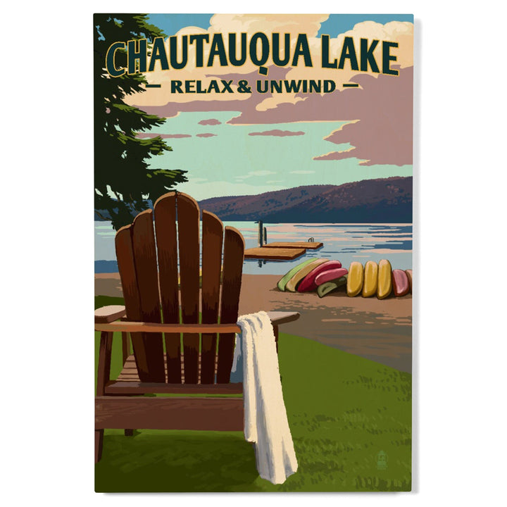 Chautauqua Lake, New York, Lake & Adirondack Chair, Lantern Press Artwork, Wood Signs and Postcards - Lantern Press