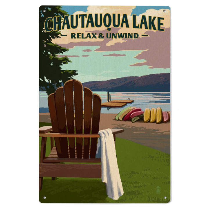 Chautauqua Lake, New York, Lake & Adirondack Chair, Lantern Press Artwork, Wood Signs and Postcards - Lantern Press