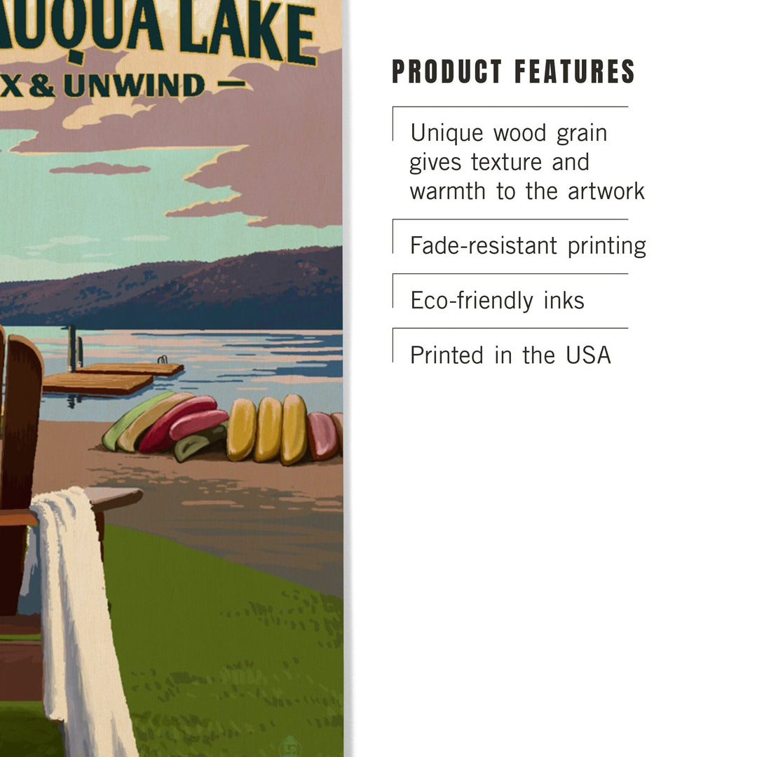 Chautauqua Lake, New York, Lake & Adirondack Chair, Lantern Press Artwork, Wood Signs and Postcards - Lantern Press