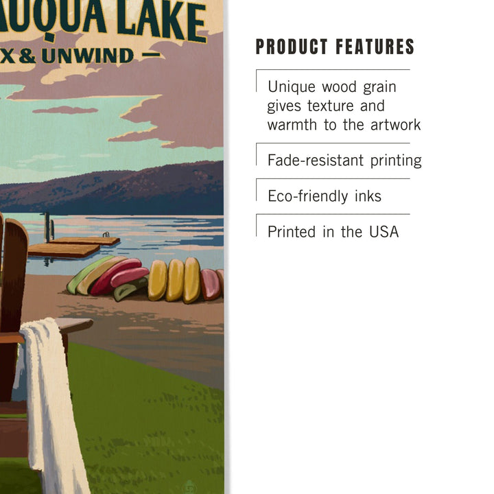 Chautauqua Lake, New York, Lake & Adirondack Chair, Lantern Press Artwork, Wood Signs and Postcards - Lantern Press