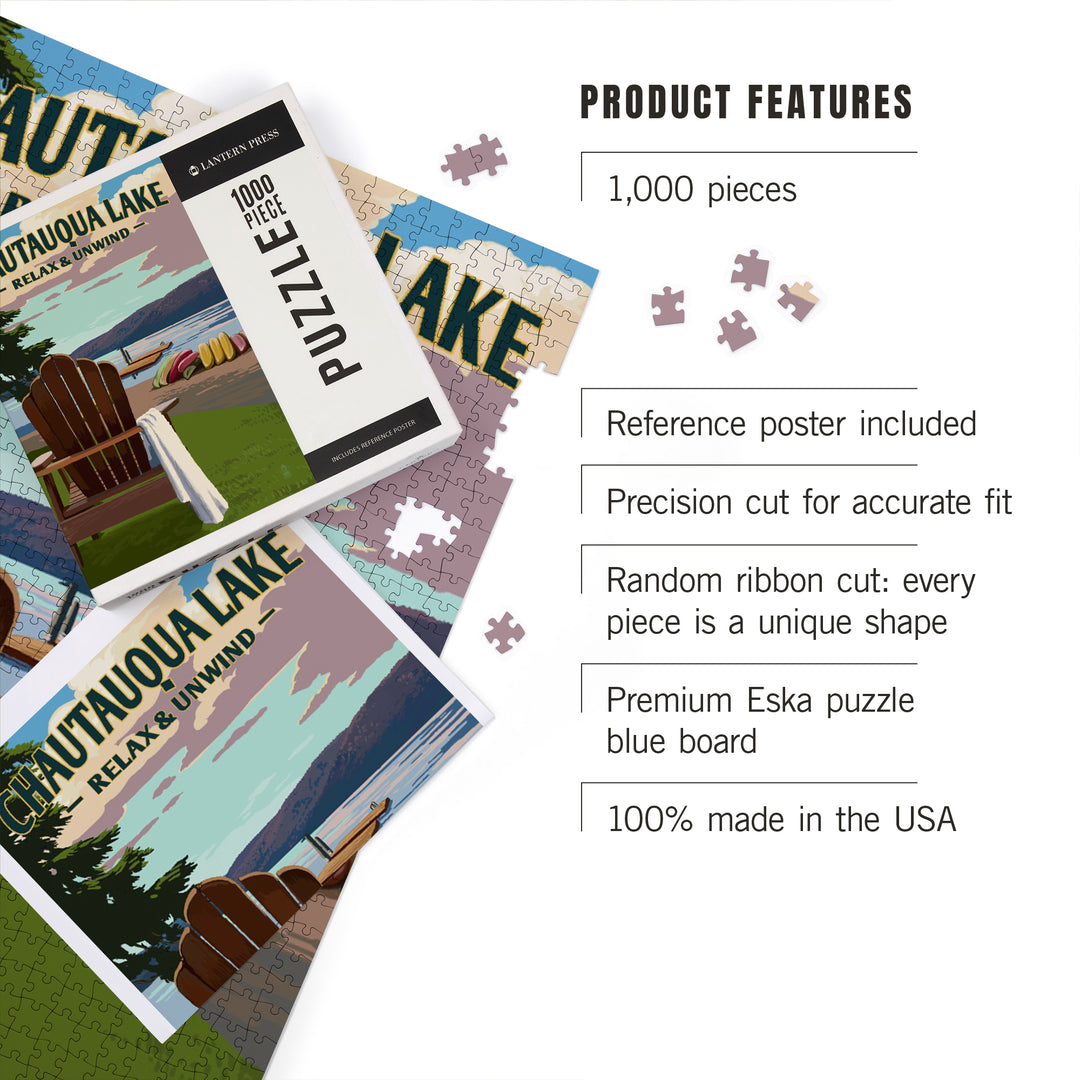 Chautauqua Lake, New York, Lake and Adirondack Chair, Jigsaw Puzzle Puzzle Lantern Press