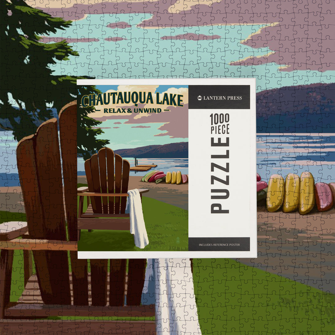 Chautauqua Lake, New York, Lake and Adirondack Chair, Jigsaw Puzzle Puzzle Lantern Press