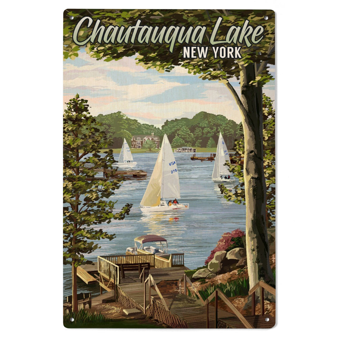 Chautauqua Lake, New York, Lake View & Sailboats, Lantern Press Artwork, Wood Signs and Postcards - Lantern Press
