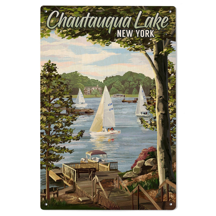 Chautauqua Lake, New York, Lake View & Sailboats, Lantern Press Artwork, Wood Signs and Postcards - Lantern Press