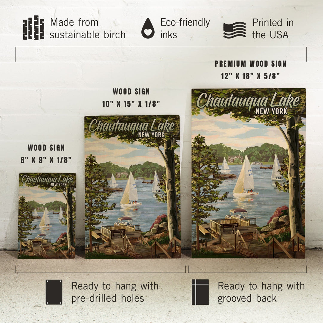 Chautauqua Lake, New York, Lake View & Sailboats, Lantern Press Artwork, Wood Signs and Postcards - Lantern Press
