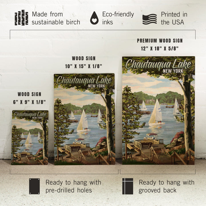 Chautauqua Lake, New York, Lake View & Sailboats, Lantern Press Artwork, Wood Signs and Postcards - Lantern Press