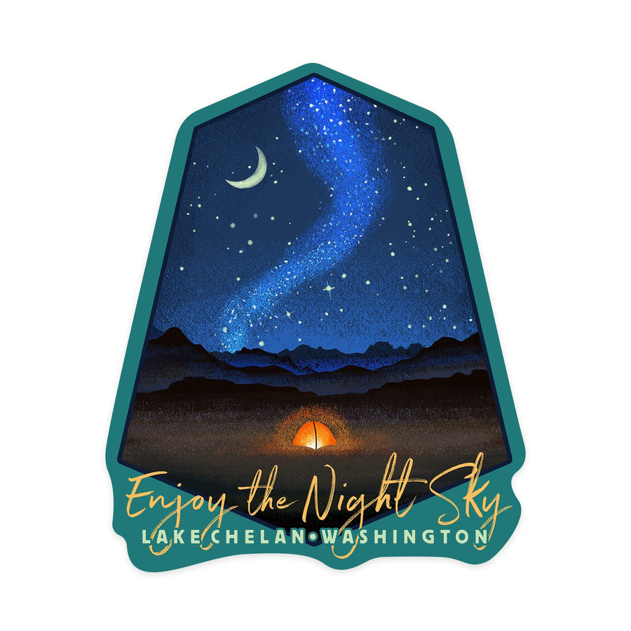 Chelan, Washington, Lake Chelan, Tent & Night Skiy, Contour, Lantern Press Artwork, Vinyl Sticker - Lantern Press