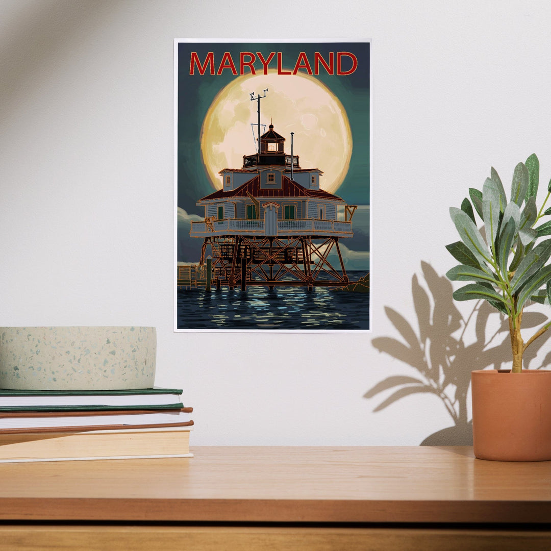 Chesapeake Bay, Maryland, Lighthouse and Full Moon, Art & Giclee Prints - Lantern Press