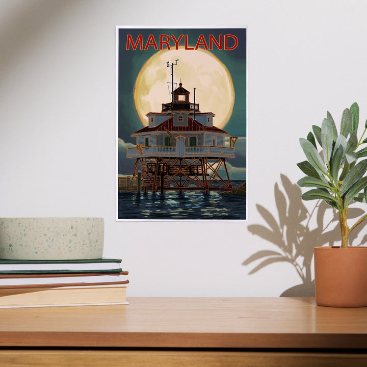 Chesapeake Bay, Maryland, Lighthouse and Full Moon, Art & Giclee Prints - Lantern Press