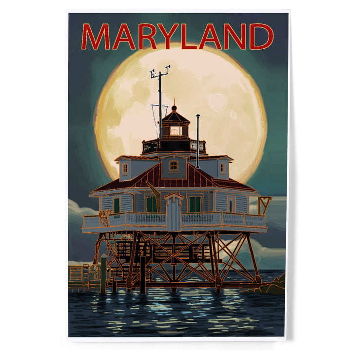 Chesapeake Bay, Maryland, Lighthouse and Full Moon, Art & Giclee Prints - Lantern Press