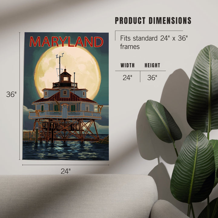 Chesapeake Bay, Maryland, Lighthouse and Full Moon, Art & Giclee Prints - Lantern Press