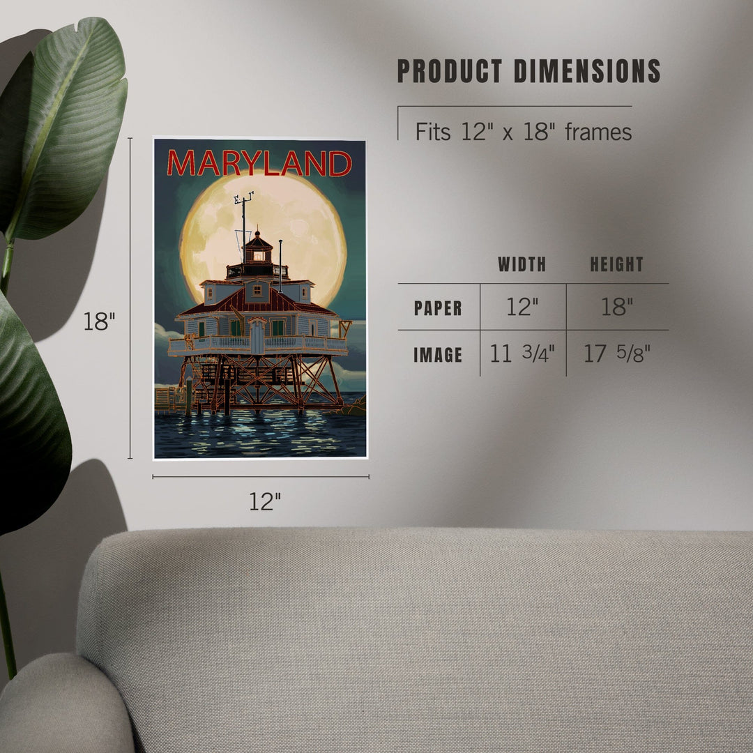 Chesapeake Bay, Maryland, Lighthouse and Full Moon, Art & Giclee Prints - Lantern Press