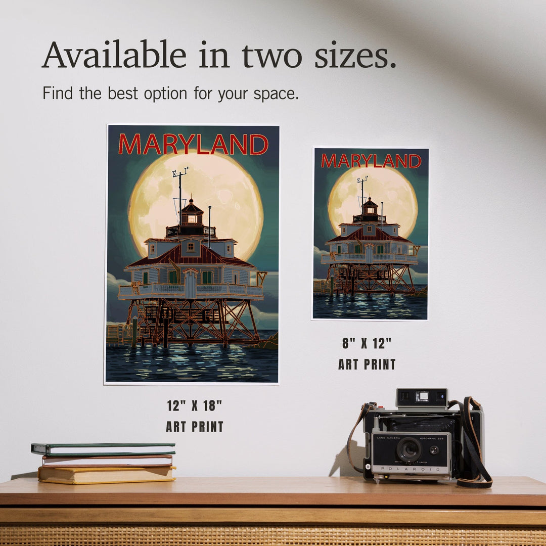 Chesapeake Bay, Maryland, Lighthouse and Full Moon, Art & Giclee Prints - Lantern Press