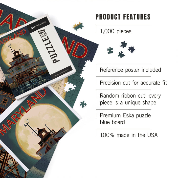 Chesapeake Bay, Maryland, Lighthouse and Full Moon, Jigsaw Puzzle Puzzle Lantern Press