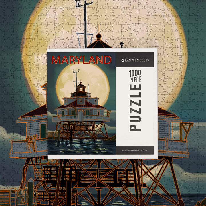 Chesapeake Bay, Maryland, Lighthouse and Full Moon, Jigsaw Puzzle Puzzle Lantern Press