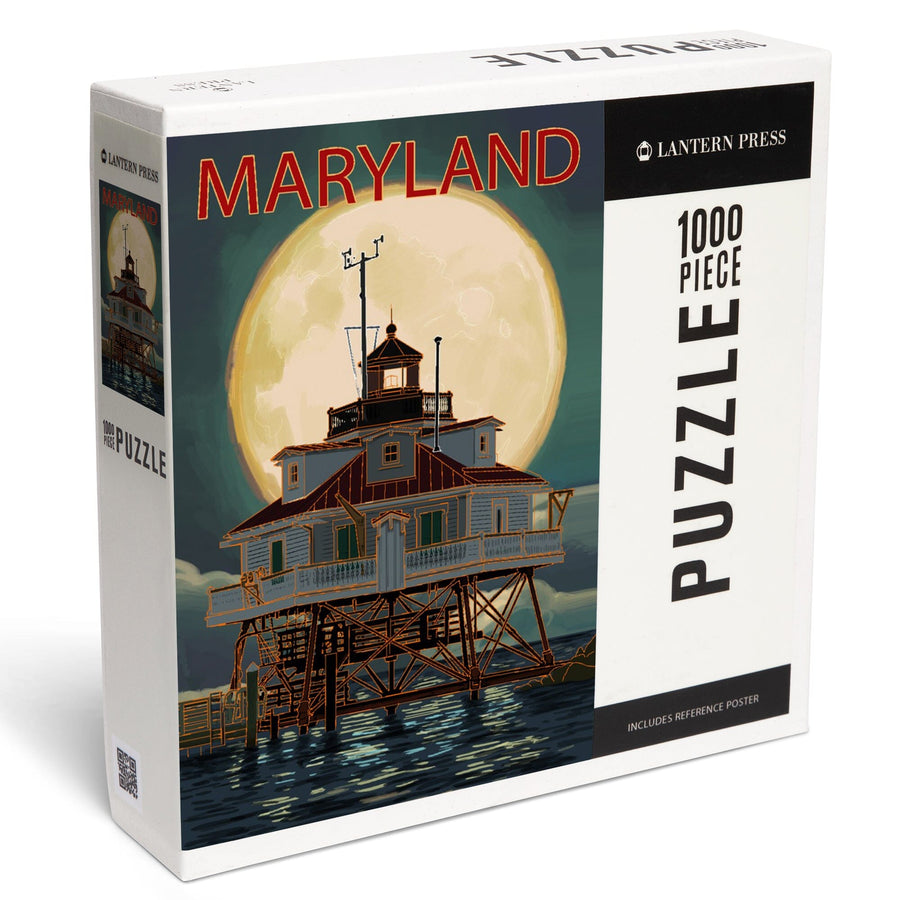 Chesapeake Bay, Maryland, Lighthouse and Full Moon, Jigsaw Puzzle Puzzle Lantern Press