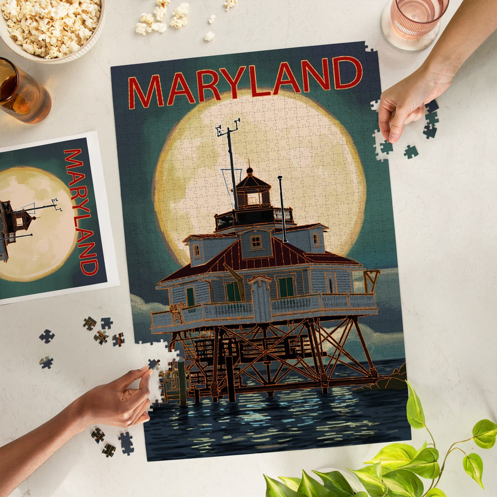 Chesapeake Bay, Maryland, Lighthouse and Full Moon, Jigsaw Puzzle Puzzle Lantern Press