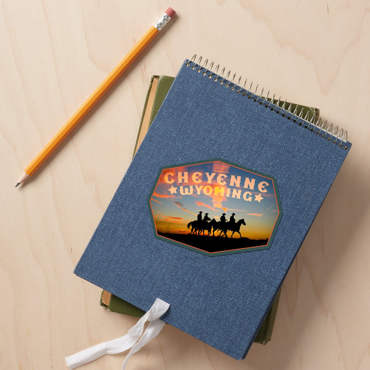 Cheyenne, Wyoming, Cowboys at Sunset, Contour, Vinyl Sticker Sticker Lantern Press
