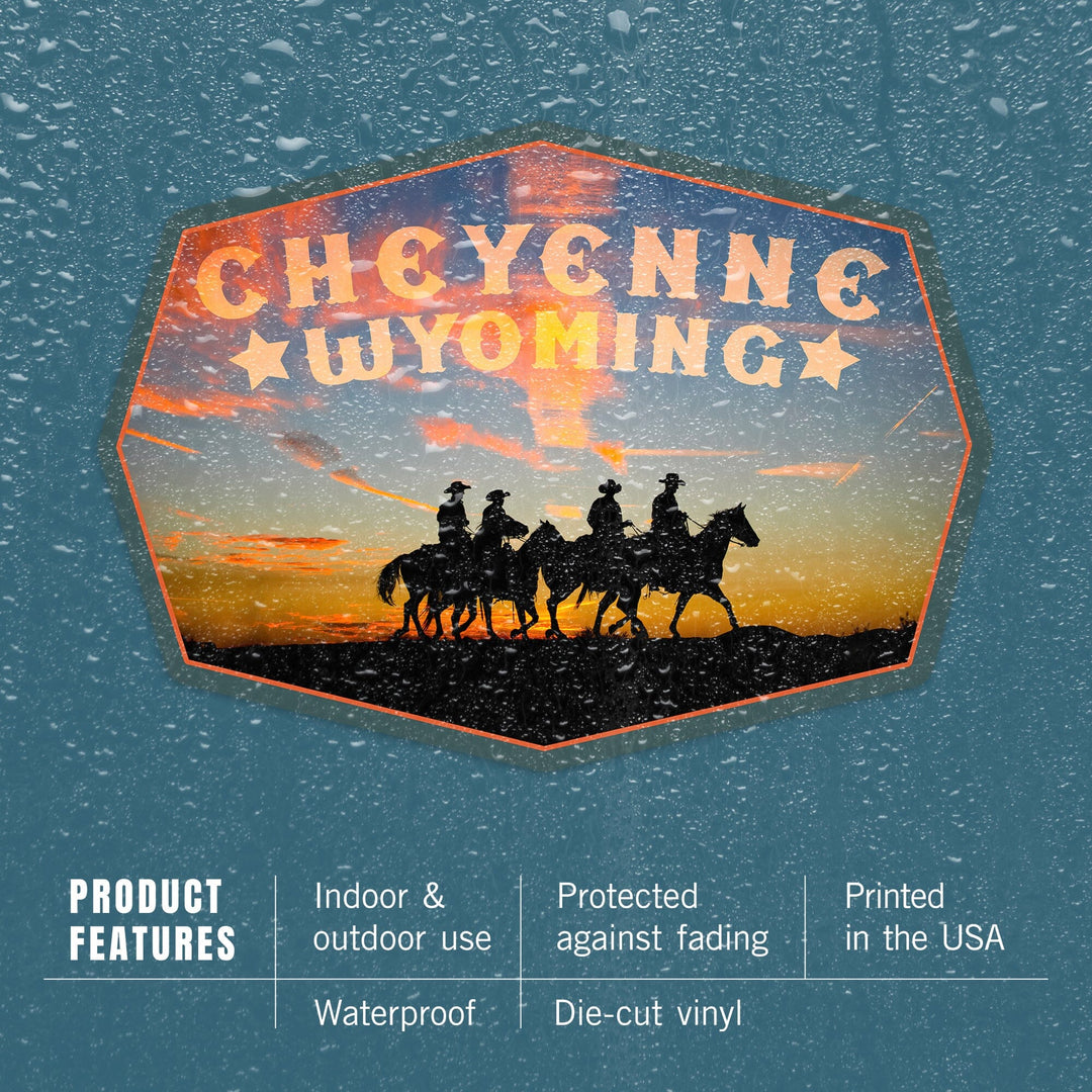 Cheyenne, Wyoming, Cowboys at Sunset, Contour, Vinyl Sticker Sticker Lantern Press