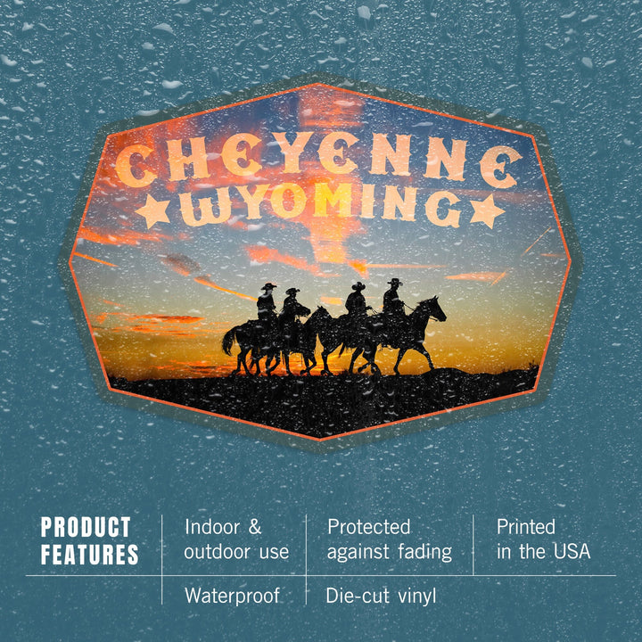 Cheyenne, Wyoming, Cowboys at Sunset, Contour, Vinyl Sticker Sticker Lantern Press