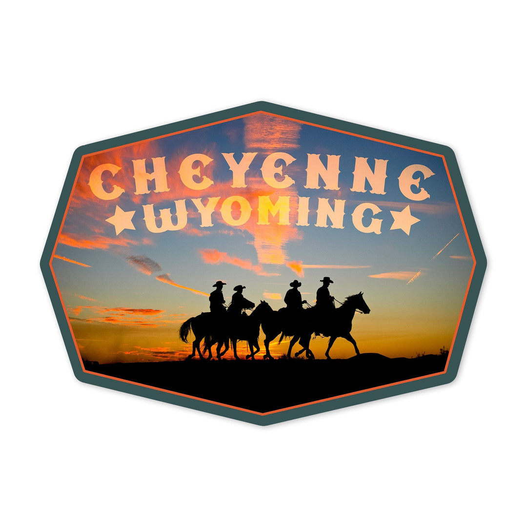Cheyenne, Wyoming, Cowboys at Sunset, Contour, Vinyl Sticker Sticker Lantern Press