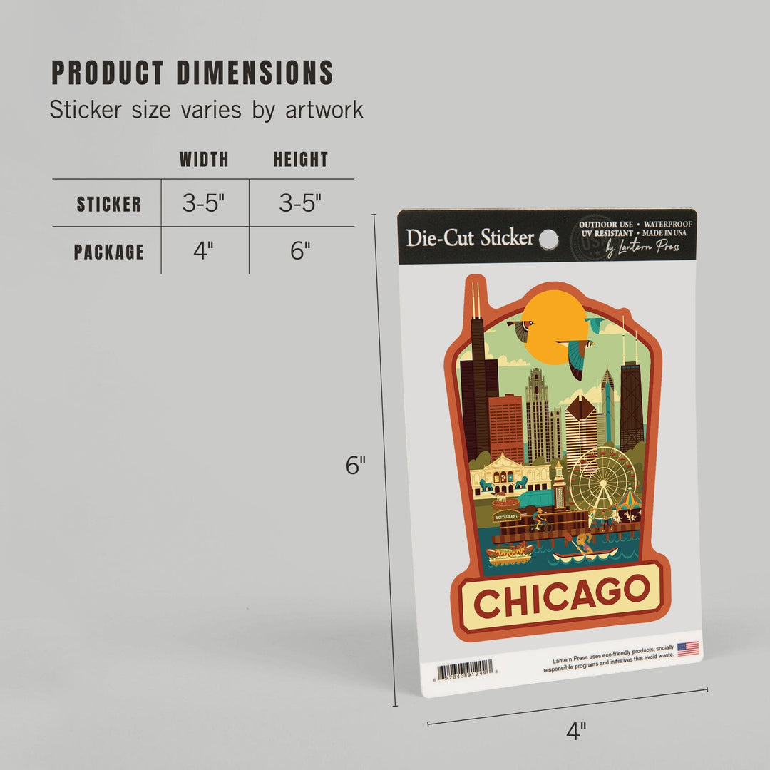 Chicago, Illinois, Geometric, Contour, Vinyl Sticker Sticker Lantern Press
