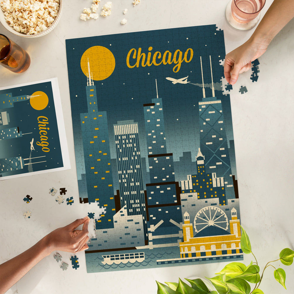 Chicago, Illinois, Retro Skyline Classic, Jigsaw Puzzle Puzzle Lantern Press