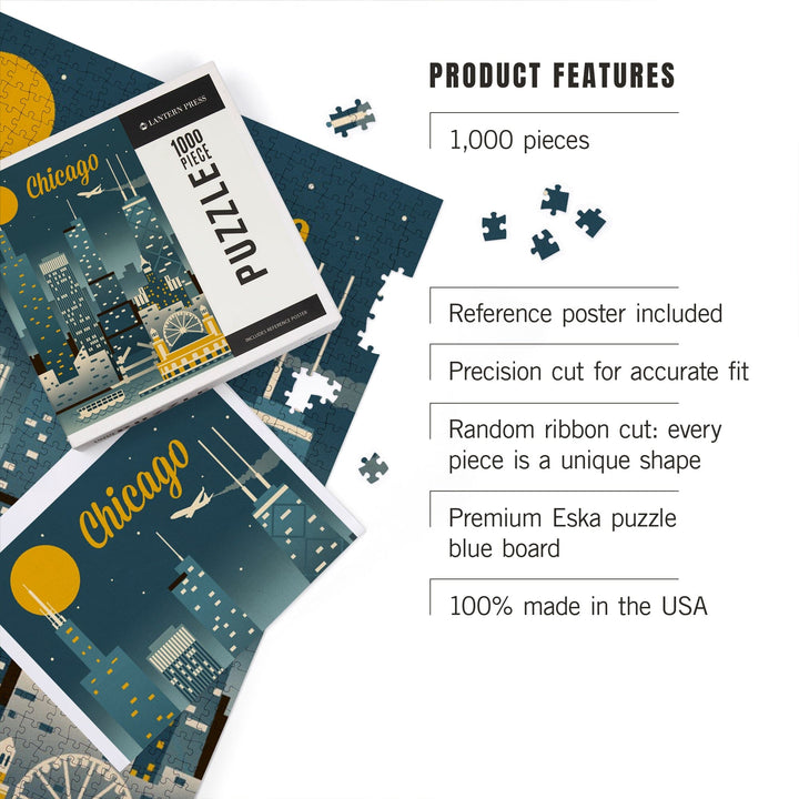Chicago, Illinois, Retro Skyline Classic, Jigsaw Puzzle Puzzle Lantern Press