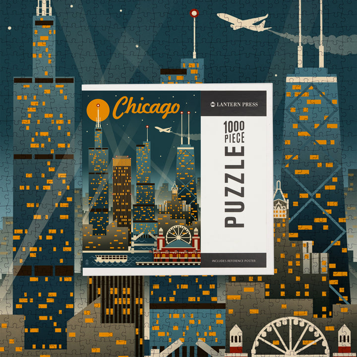 Chicago, Illinois, Retro Skyline, Jigsaw Puzzle Puzzle Lantern Press