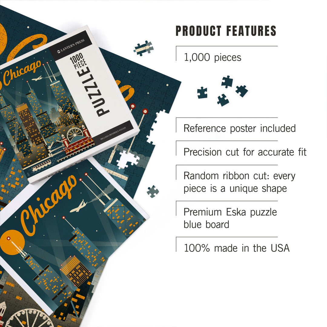 Chicago, Illinois, Retro Skyline, Jigsaw Puzzle Puzzle Lantern Press