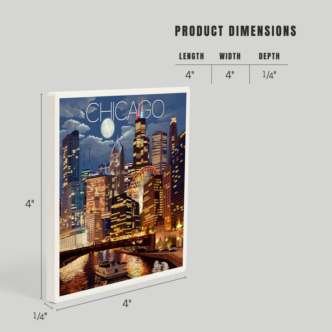 Chicago, Illinois, Skyline at Night, Coasters Coasters Lantern Press