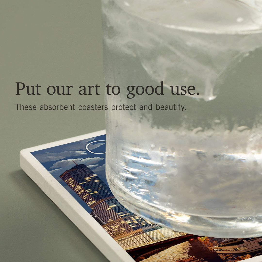 Chicago, Illinois, Skyline at Night, Coasters Coasters Lantern Press