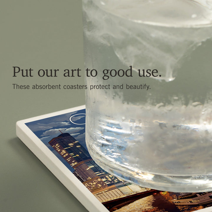 Chicago, Illinois, Skyline at Night, Coasters Coasters Lantern Press