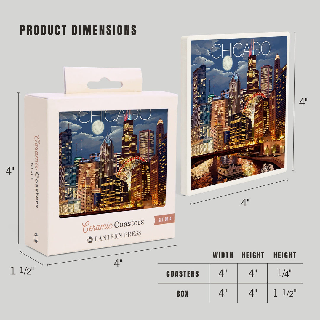 Chicago, Illinois, Skyline at Night, Coasters Coasters Lantern Press