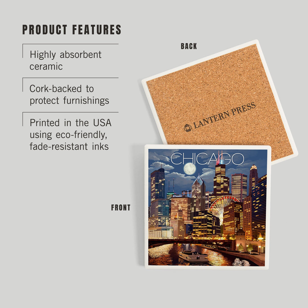 Chicago, Illinois, Skyline at Night, Coasters Coasters Lantern Press